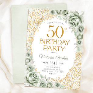 Convite Elegante Aniversário de 50 anos em Verde Sage e Do