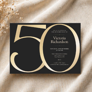 Convite Elegante Aniversário de 50 anos Preto e Dourado