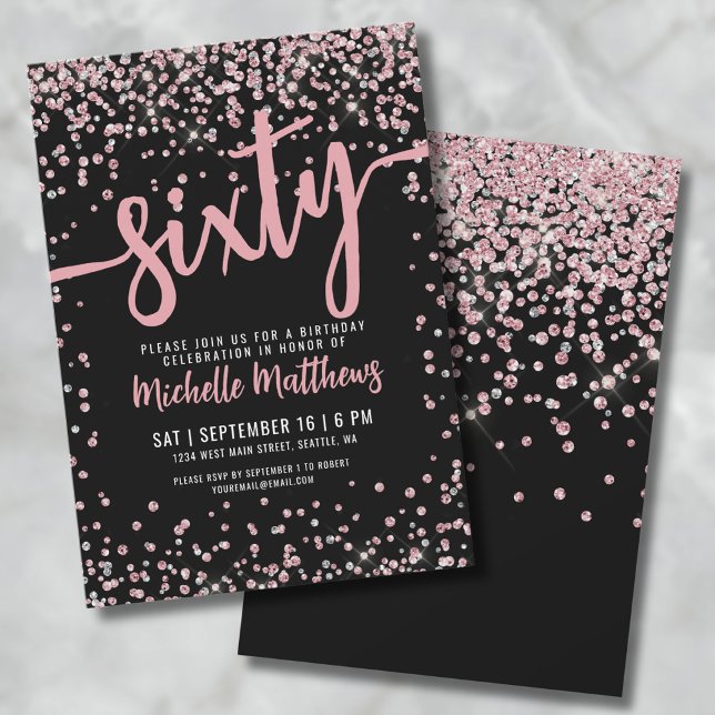 Convite Elegante Aniversário de 60 anos em Ouro Rosa (Rose Gold Glitter 60th Birthday Invitation)