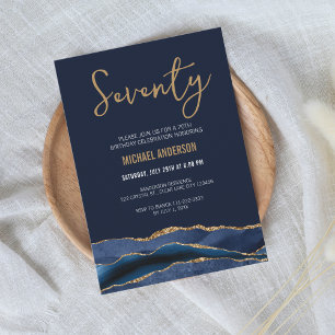 Convite Elegante Aniversário de 70 anos Navy Gold Ágata