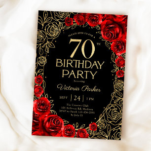 Convite Elegante Aniversário de 70 anos Vermelho Preto e D