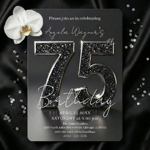 Convite Elegante Aniversário de 75 anos com Brilho Preto 3