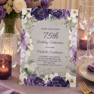 Convite Elegante Aniversário de 75 anos em Glitter Roxo Br