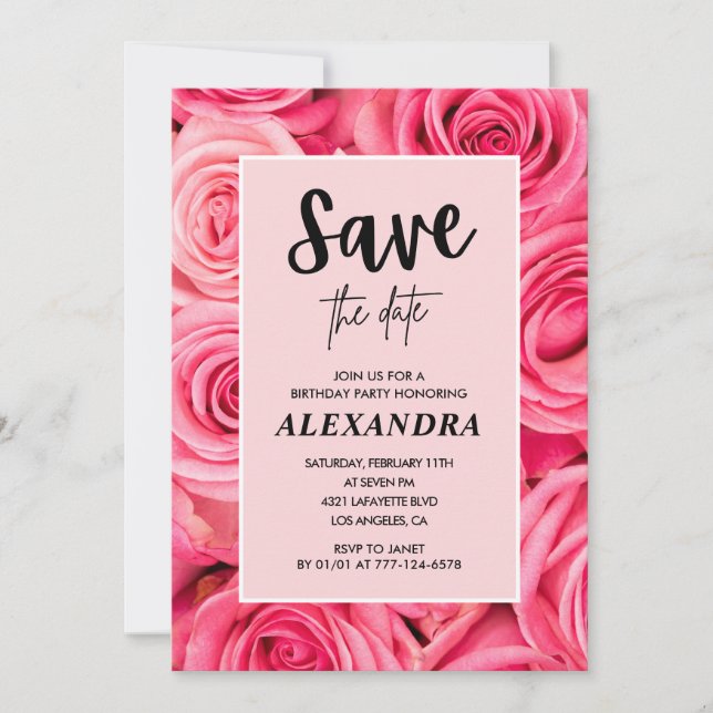 Convite Elegante aniversário de 76 anos Floral Rosa Salve  (Frente)