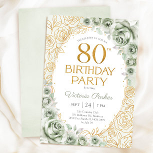 Convite Elegante Aniversário de 80 anos em Verde Sage e Do