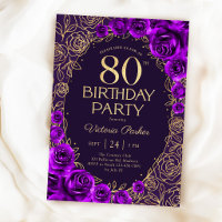 Elegante Aniversário de 80 anos Roxo Dourado Flora