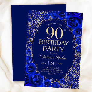 Convite Elegante Aniversário de 90 anos Azul Real Dourado 