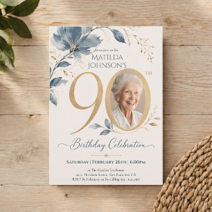 Convite Elegante Aniversário de 90 anos em Azul e Dourado