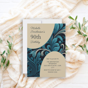 Convite Elegante Aniversário de 90 anos Floral em Azul Tur