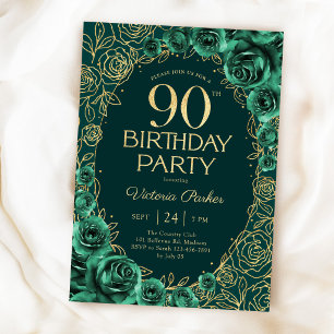 Convite Elegante Aniversário de 90 anos Verde Esmeralda Do