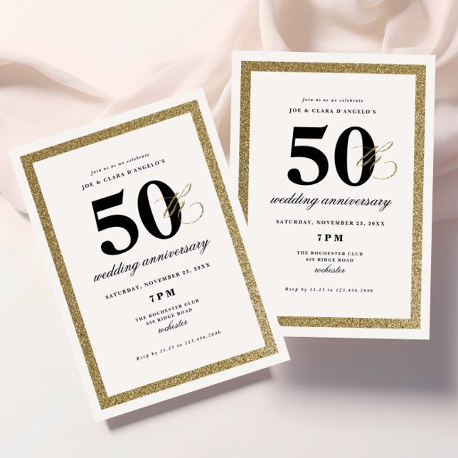 Convite Elegante Aniversário de Bodas de 50 Anos Preto e D (Elegant black and gold glitter milestone wedding anniversary invitations.)