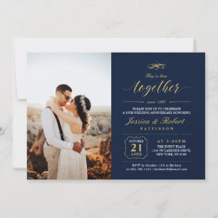 Convite Elegante Aniversário de Casamento em Dourado e Azu
