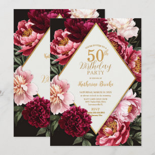Convite Elegante Aniversário Floral em Burgundy e Blush Pe
