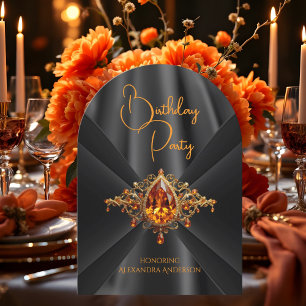 Convite Elegante Aniversário Laranja dourado Preto Jóia Fa