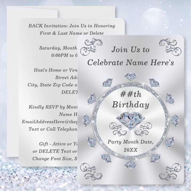 Convite Elegante, Aniversário para Adultos, QUALQUER ANO (60th birthday party invitations for her. Diamond birthday party ideas. 75th birthday invitations.)