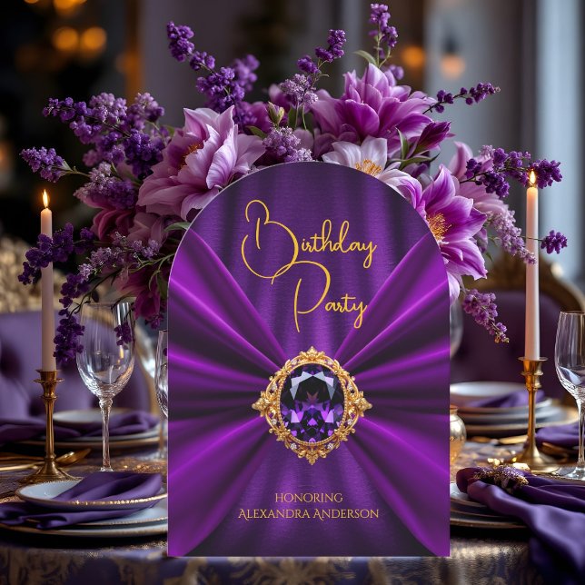 Convite Elegante Aniversário Roxo Dourada Joia Faux Silk (Criador carregado)