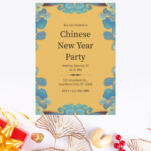 Convite Elegante Ano Novo Chinês Azul e Amarelo