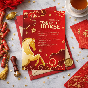 Convite Elegante Ano Novo Lunar Cavalo Ouro Vermelho