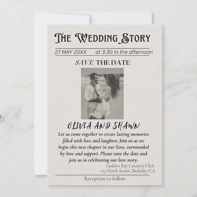 Convite Elegante Antigo "A História do Casamento" Salve a  (Frente)