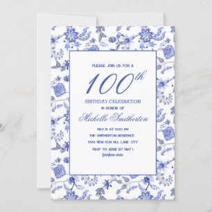Convite Elegante Antigo Antiguidade Azul Floral 100º 