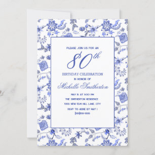 Convite Elegante Antigo Antiguidade Azul Floral 80º 
