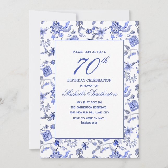 Convite Elegante Antigo Floral Azul 70º  (Frente)