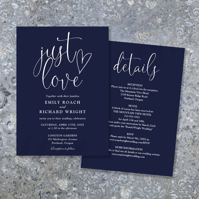 Convite Elegante Apenas Amor Tudo Em Um Casamento Azul Mar (Elegant Just Love All In One Navy Blue Wedding Invitation)