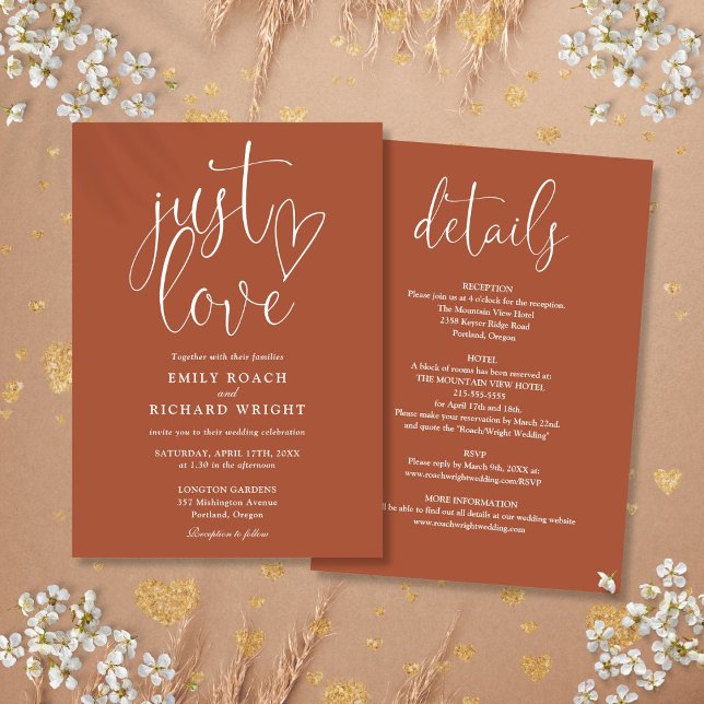 Convite Elegante Apenas Amor Tudo Em Um Terracota Casament (Elegant Just Love All In One Terracotta Wedding Invitation)
