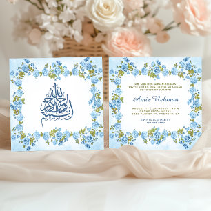 Convite Elegante Aqiqah Floral Azul para Bebê Menino