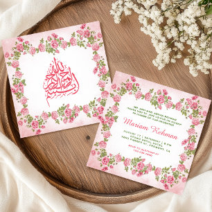 Convite Elegante Aqiqah Floral Rosa para Bebê Menina