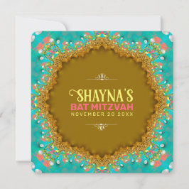 Convite Elegante Aqua Dourada Satin Lace Bat Mitzvah