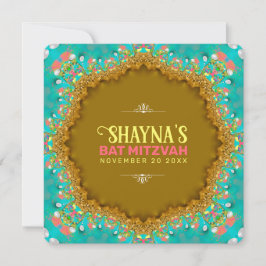 Convite Elegante Aqua Dourada Satin Lace Bat Mitzvah