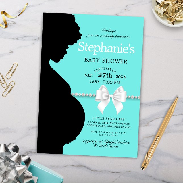 Convite Elegante Aqua Glam Chá de fraldas Étnico de Tiffan (Elegant Simple Ethnic Silhouette Tiffany Theme Baby Shower Invitation with Bow and Pearls)