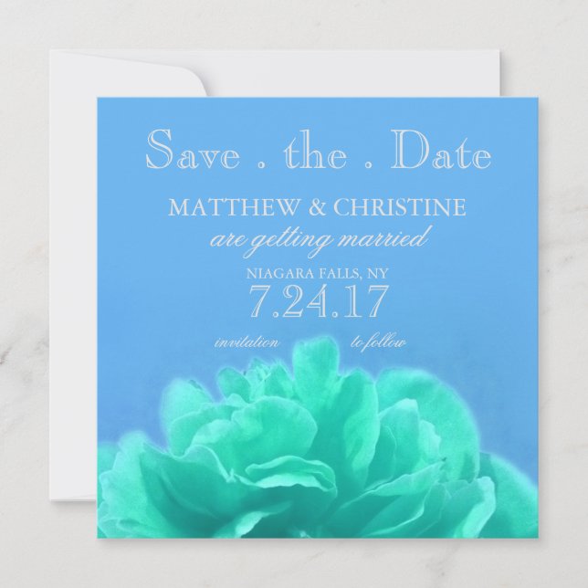 Convite Elegante Aquamarine Azul Floral Save The Date (Frente)