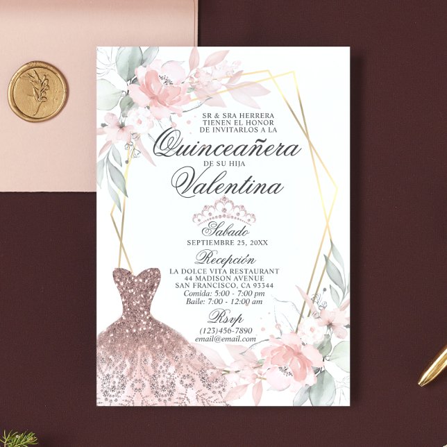 Convite Elegante Aquañera Quince Espanhol Rosa (Criador carregado)