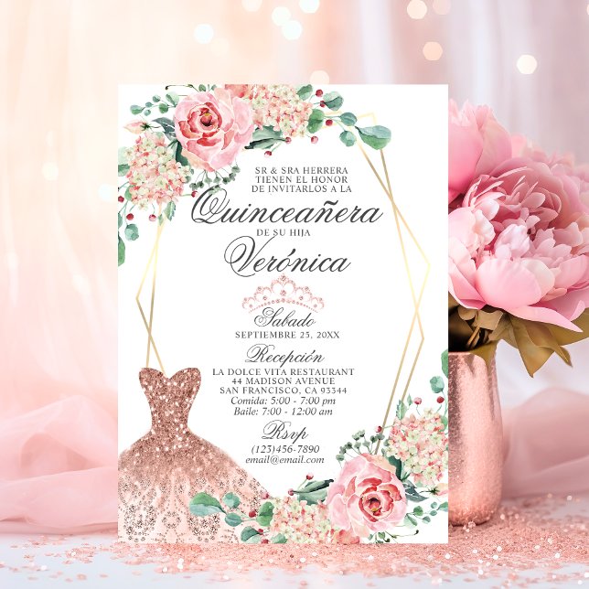 Convite Elegante Aquañera Quince Espanhol Rosa (Elegant Watercolor Pink Spanish Quinceañera Quince Invitation)