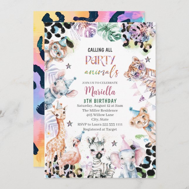 Convite Elegante Aquarela animais selvagens de safari 3Ta  (Frente/Verso)