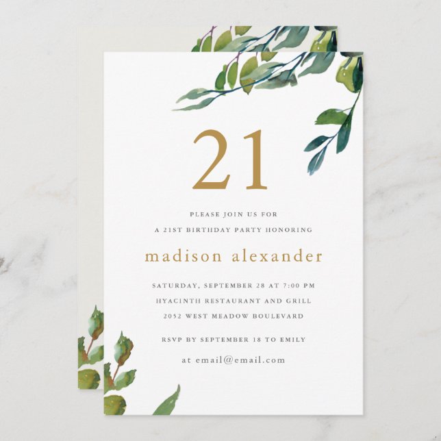 Convite Elegante Aquarela aniversário de 21 anos Botânica (Frente/Verso)