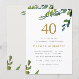 Convite Elegante Aquarela aniversário de 40 anos Botânica