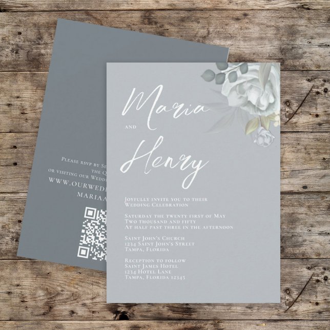 Convite Elegante Aquarela Azul Floral Dusta Verde (Criador carregado)