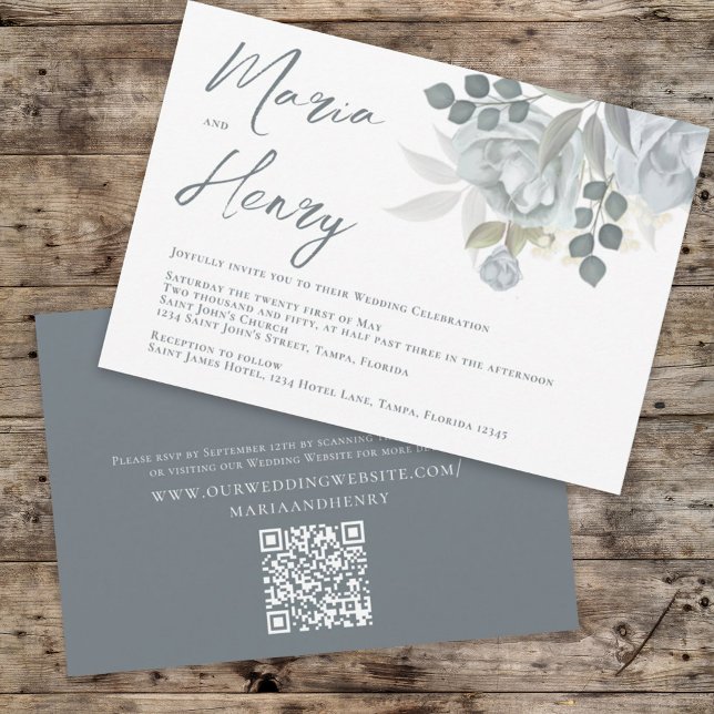 Convite Elegante Aquarela Azul Floral Dusta Verde (Criador carregado)