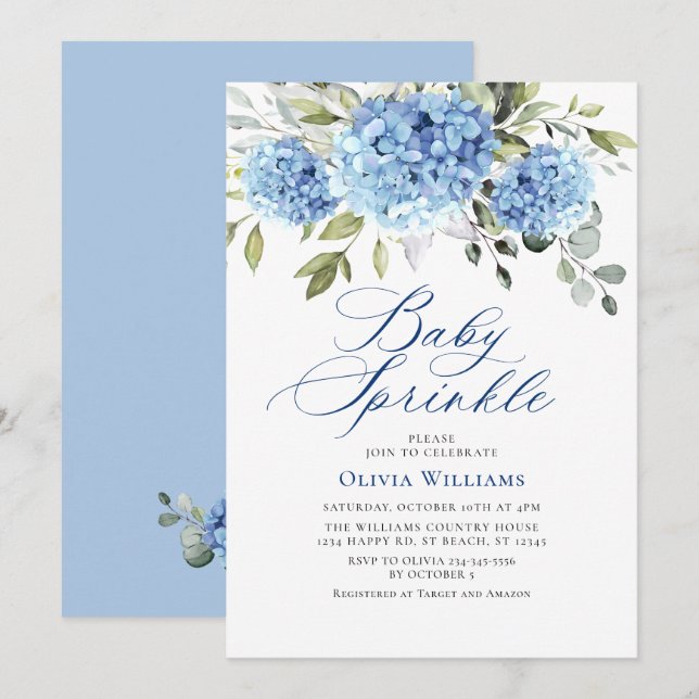 Convite Elegante Aquarela Azul Hydrangea Baby Sprinkle (Frente/Verso)