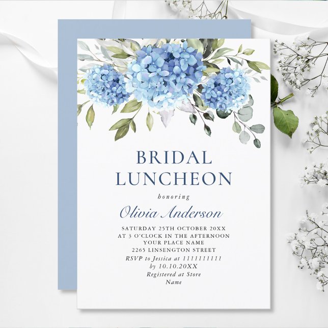 Convite Elegante Aquarela Azul Hydrangea BRIDAL LUNCHEON (Criador carregado)
