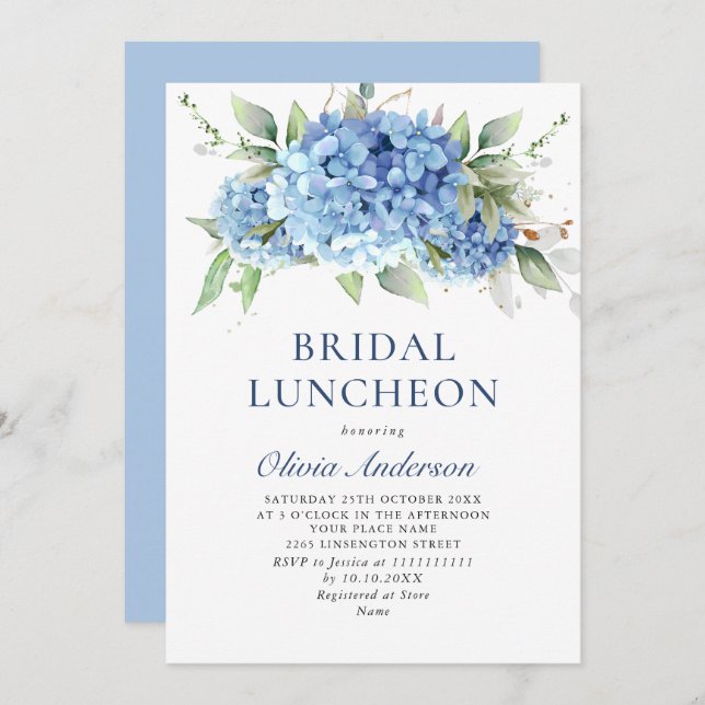 Convite Elegante Aquarela Azul Hydrangea BRIDAL LUNCHEON (Frente/Verso)