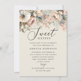 Convite Elegante aquarela boho floral Sweet 16 anos