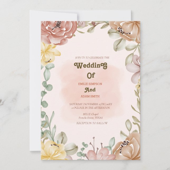 Convite elegante aquarela BOHO FLORAL WEDDING (Frente)