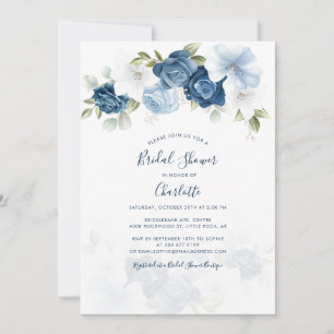 Convite Elegante Aquarela Chá de panela Azul Dusty Floral