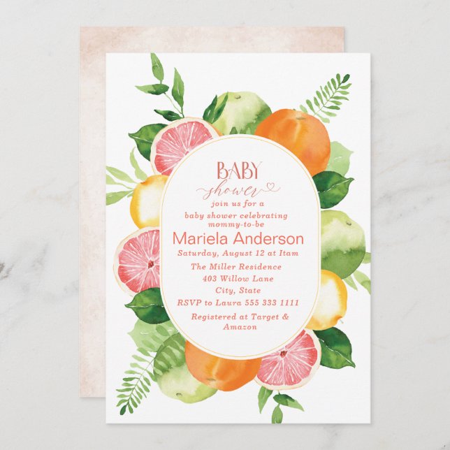Convite Elegante Aquarela Citrus Flores Rosa Baby Show (Frente/Verso)