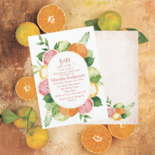Convite Elegante Aquarela Citrus Flores Rosa Baby Show