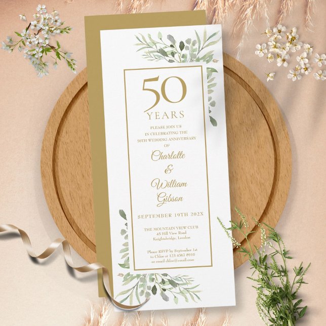 Convite Elegante Aquarela de Folhagem para Aniversário de  (Elegant 50th Gold Anniversary Watercolor Greenery Invitation)